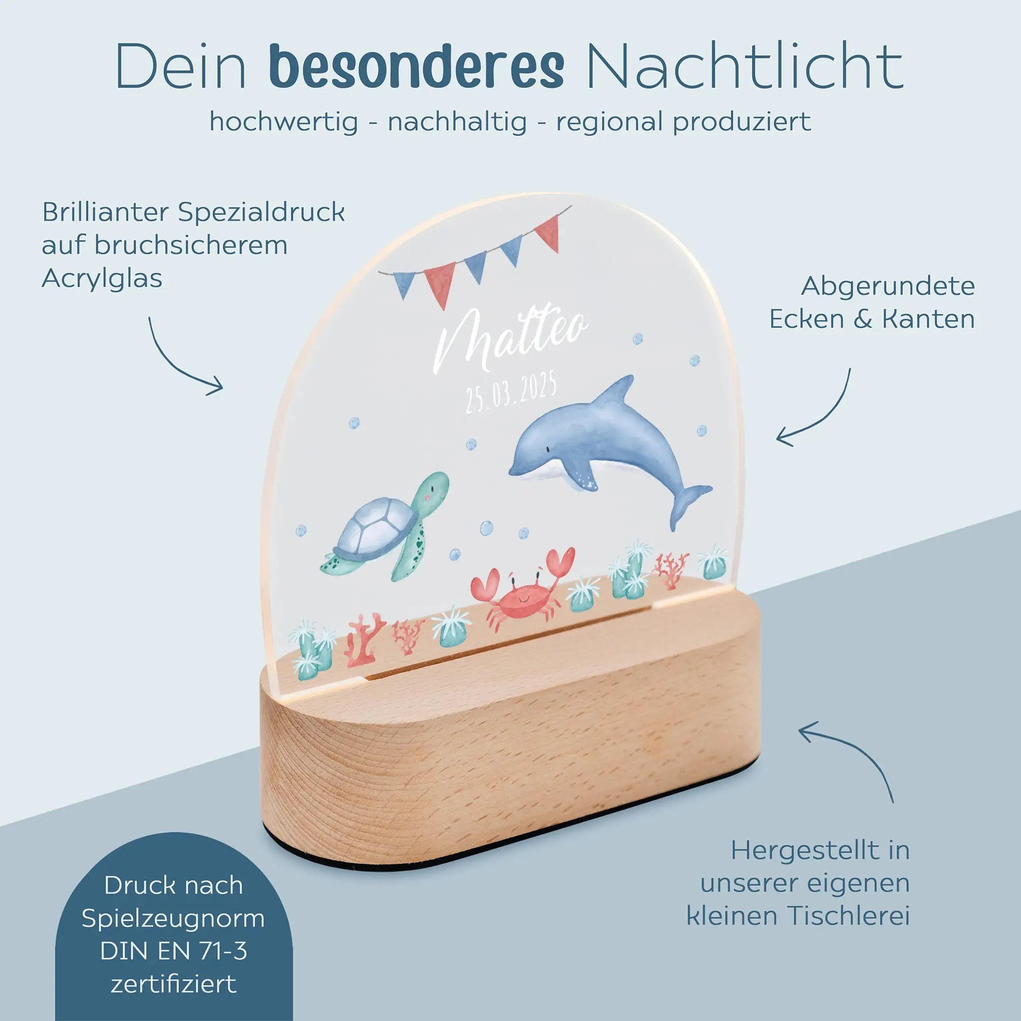 LED Nachtlicht Kinder personalisiert - Meerestiere Girlande Aquarell - wunderwunsch