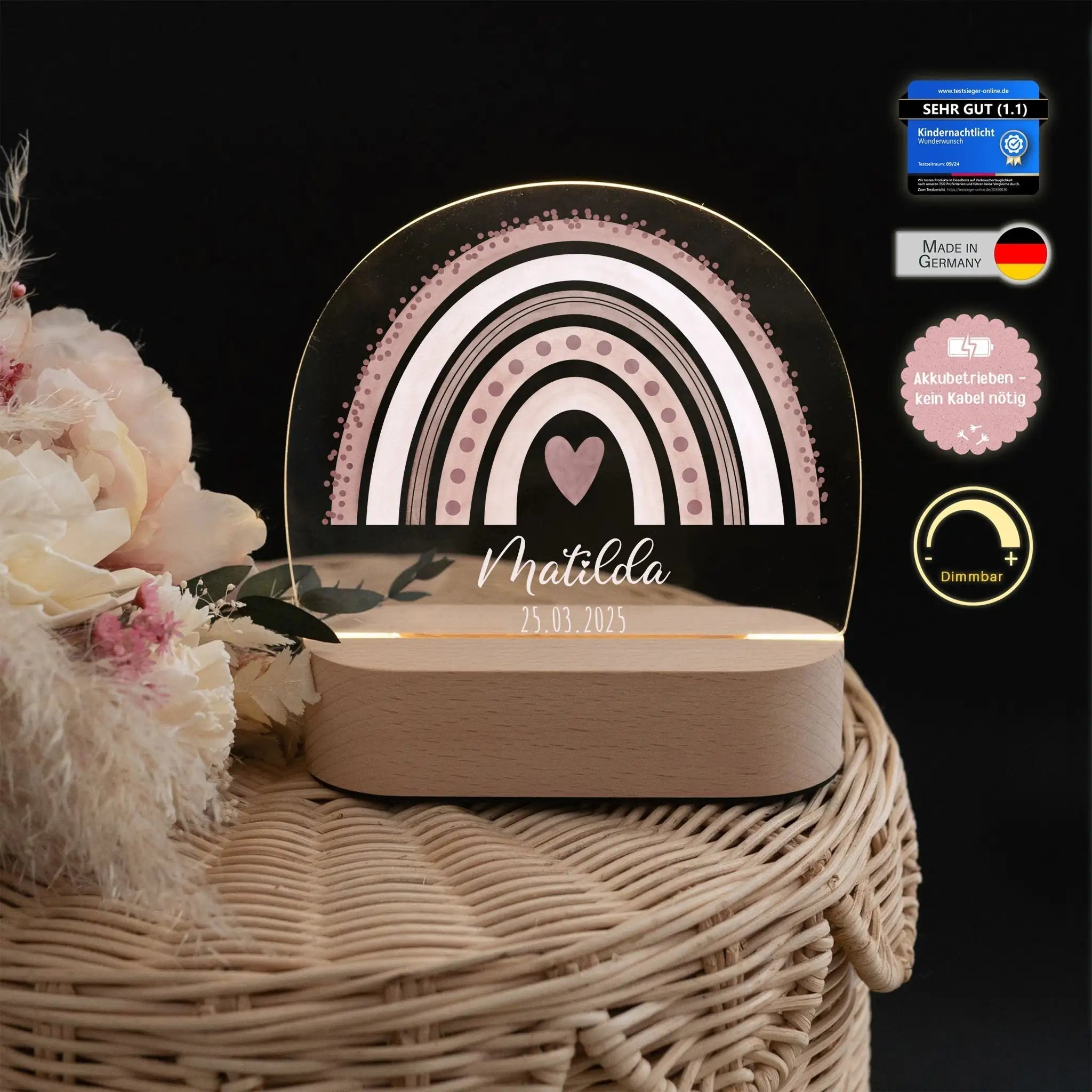 LED Nachtlicht Kinder personalisiert - Regenbogen Punkte Aquarell - wunderwunsch