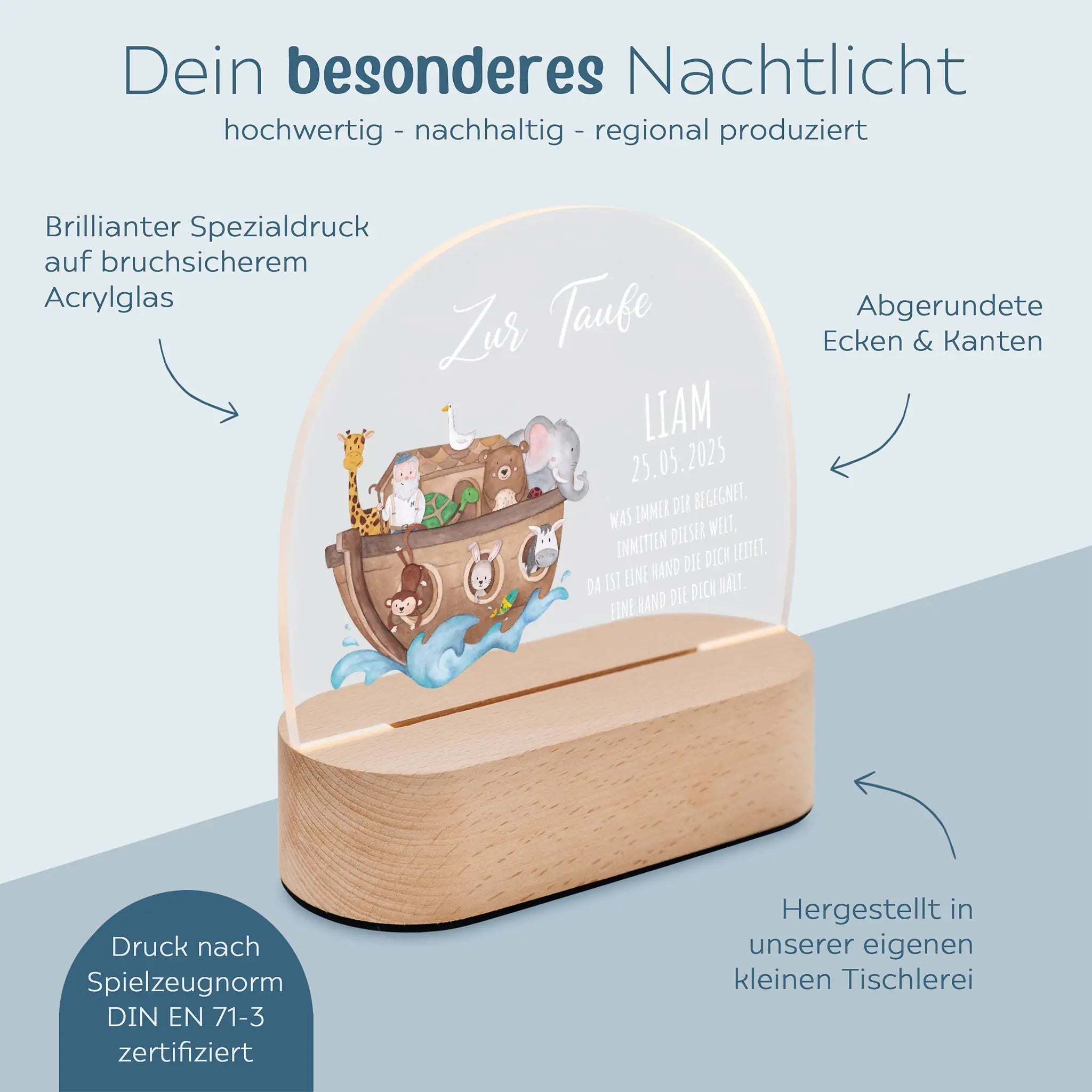 LED Nachtlicht Kinder personalisiert - Taufe Arche Noah Aquarell - wunderwunsch