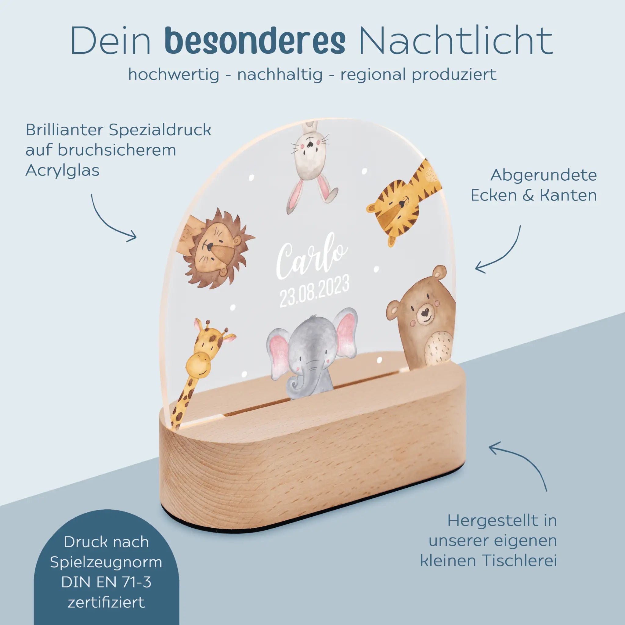LED Nachtlicht Kinder personalisiert - Tiere im Kreis Aquarell - wunderwunsch