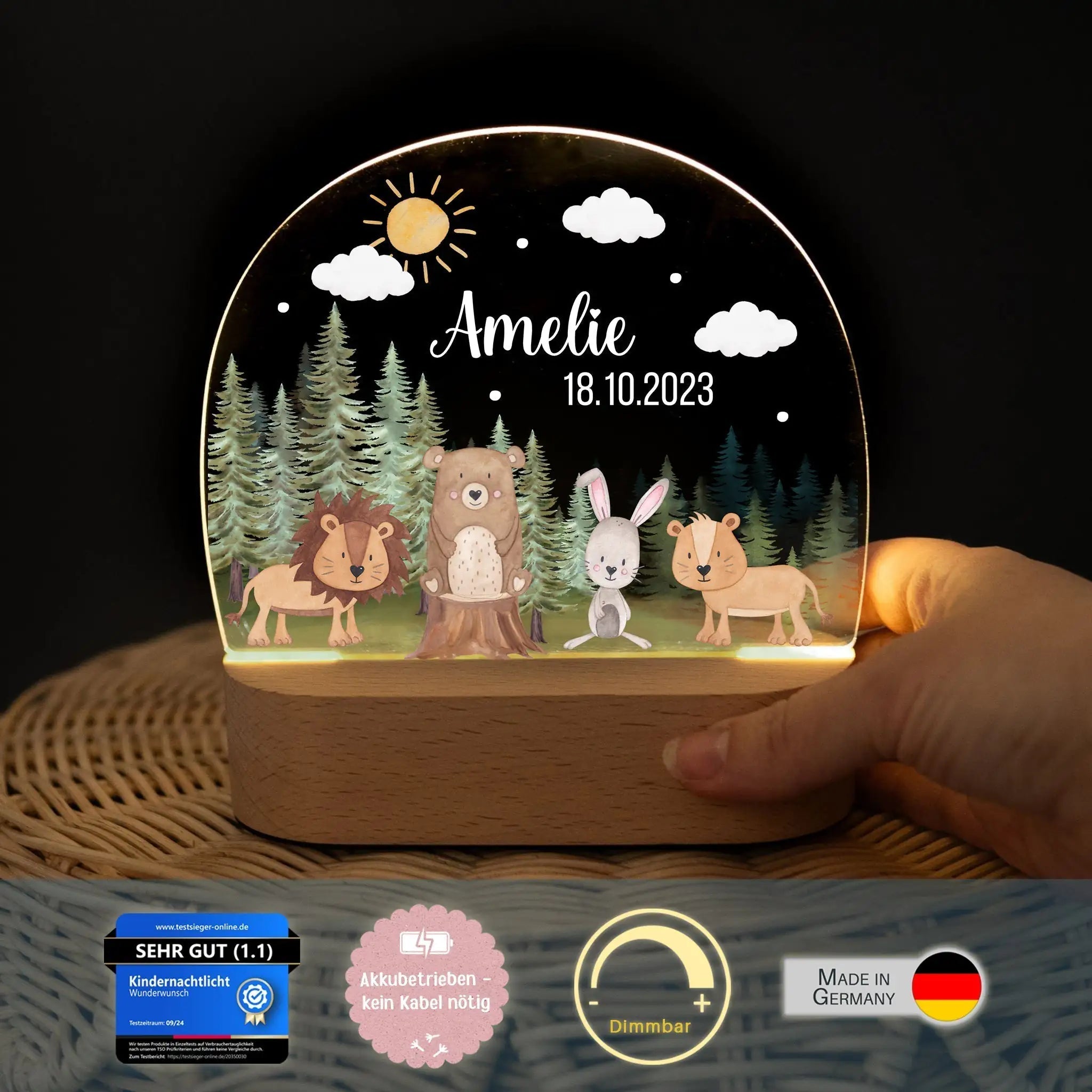 LED Nachtlicht Kinder personalisiert - Tiere Nadelwald Aquarell - wunderwunsch