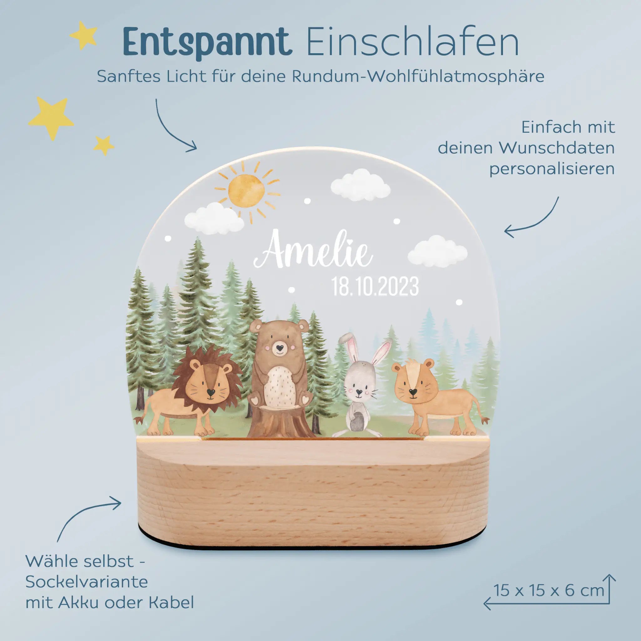 LED Nachtlicht Kinder personalisiert - Tiere Nadelwald Aquarell - wunderwunsch
