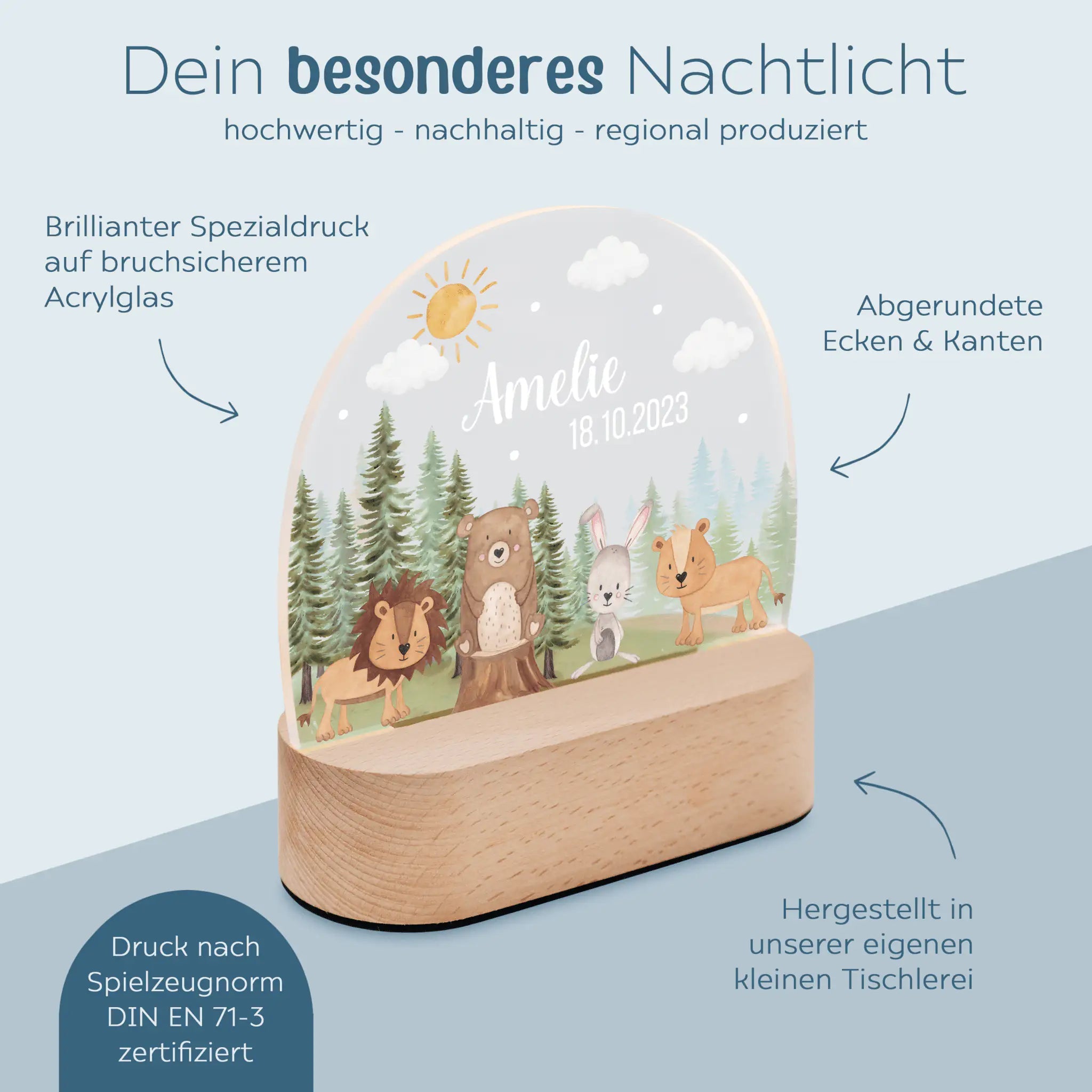 LED Nachtlicht Kinder personalisiert - Tiere Nadelwald Aquarell - wunderwunsch