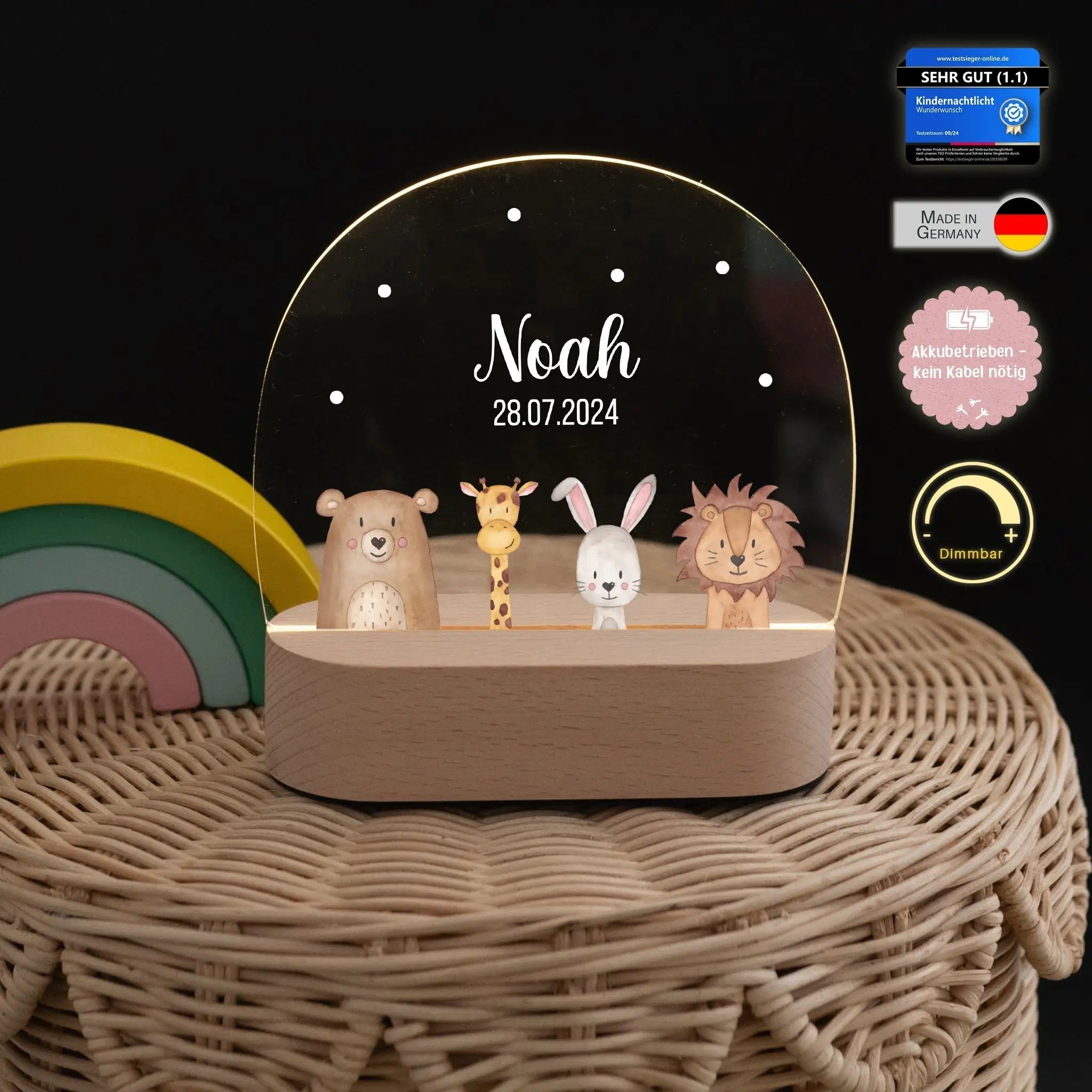 LED Nachtlicht Kinder personalisiert - Tiere unten Aquarell - wunderwunsch