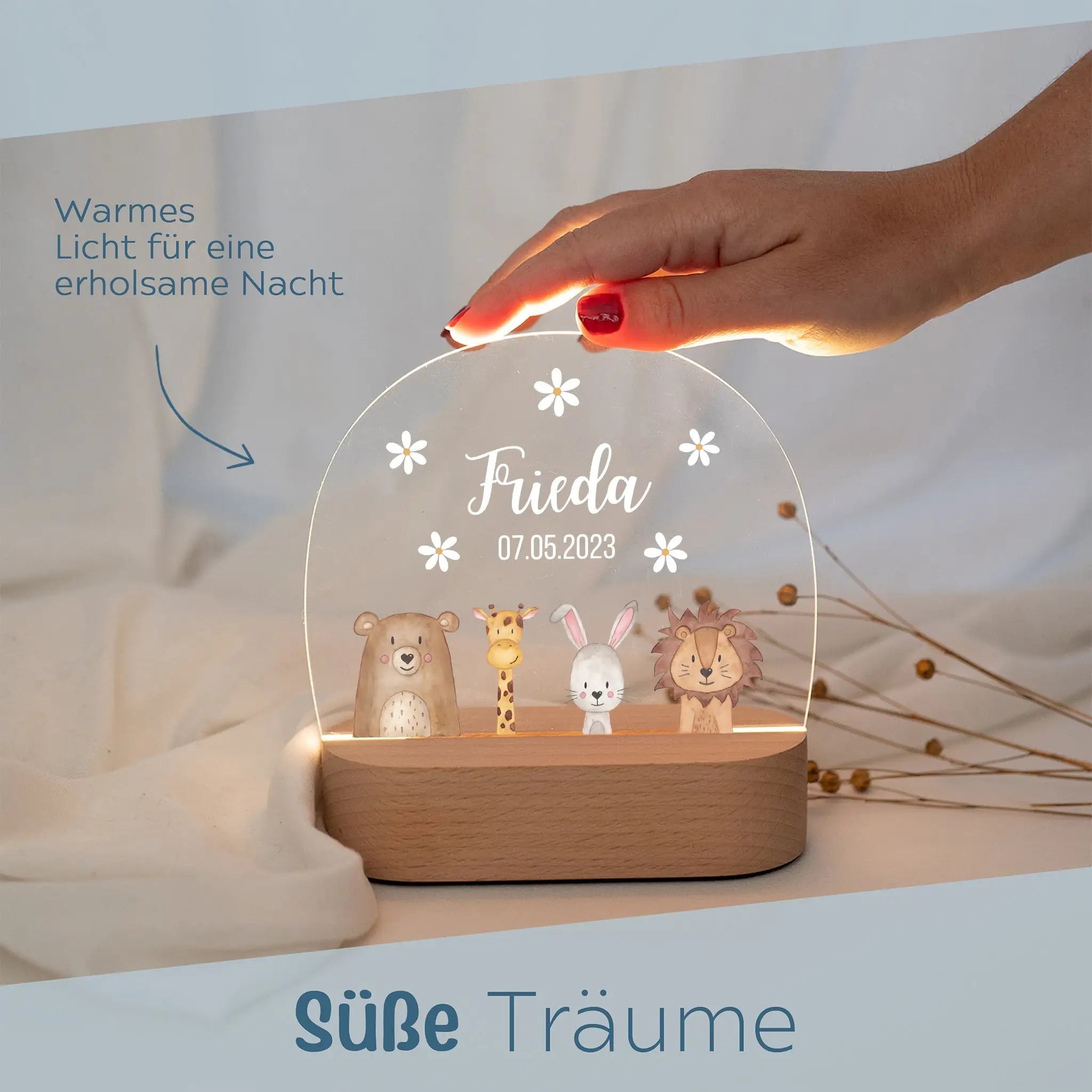 LED Nachtlicht Kinder personalisiert - Tiere unten Blümchen - wunderwunsch