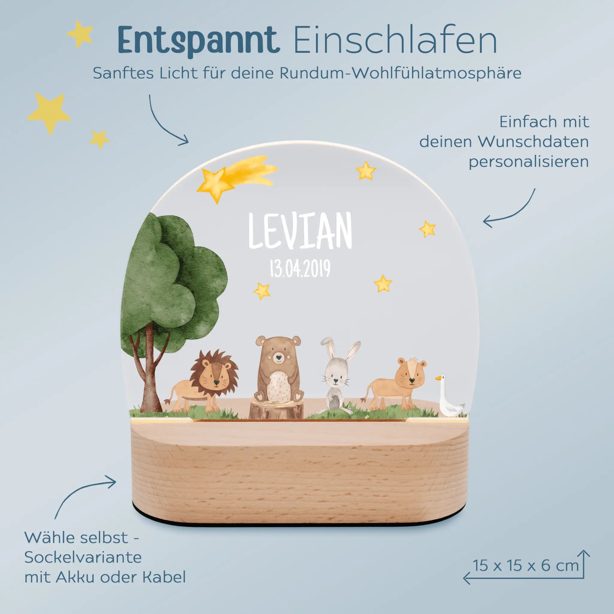 LED Nachtlicht Kinder personalisiert - Tiere unterm Sternenhimmel Aquarell - wunderwunsch