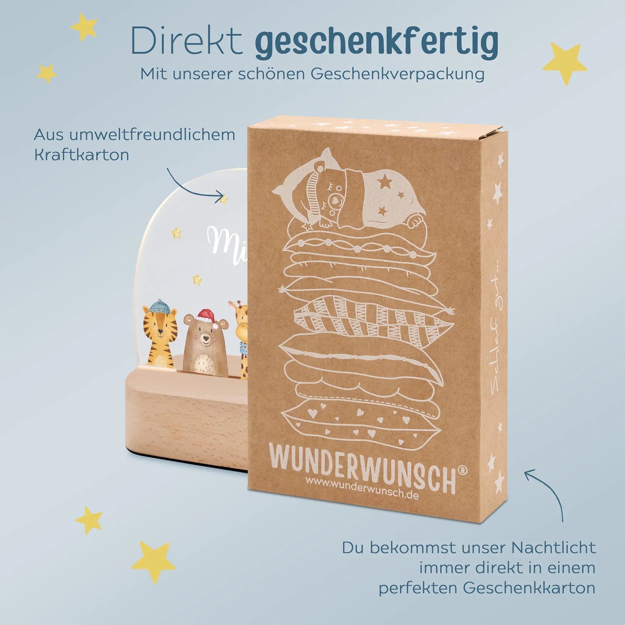 LED Nachtlicht Kinder personalisiert - Weihnachts - Tiere unten Sterne - wunderwunsch