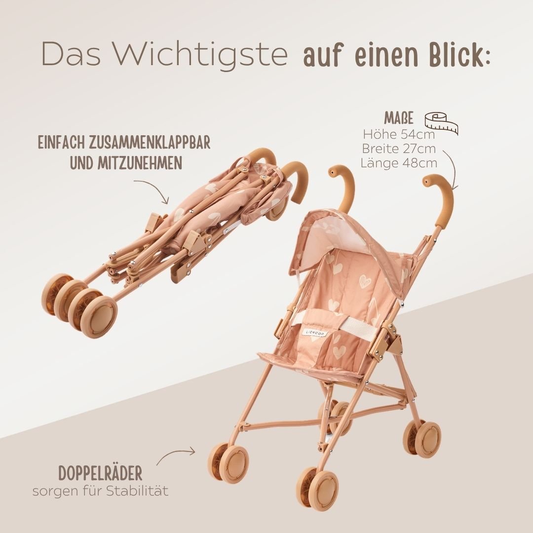 LIEWOOD Puppenwagen personalisiert - Herzen rosa - wunderwunsch