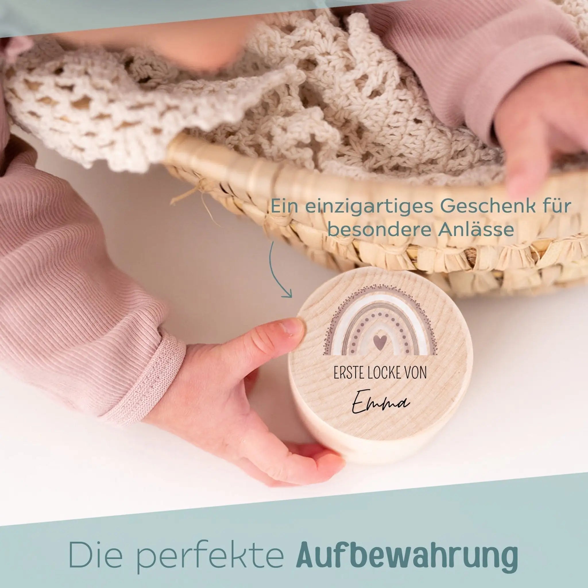 Lockendose Holz personalisiert - Regenbogen Punkte Aquarell - wunderwunsch
