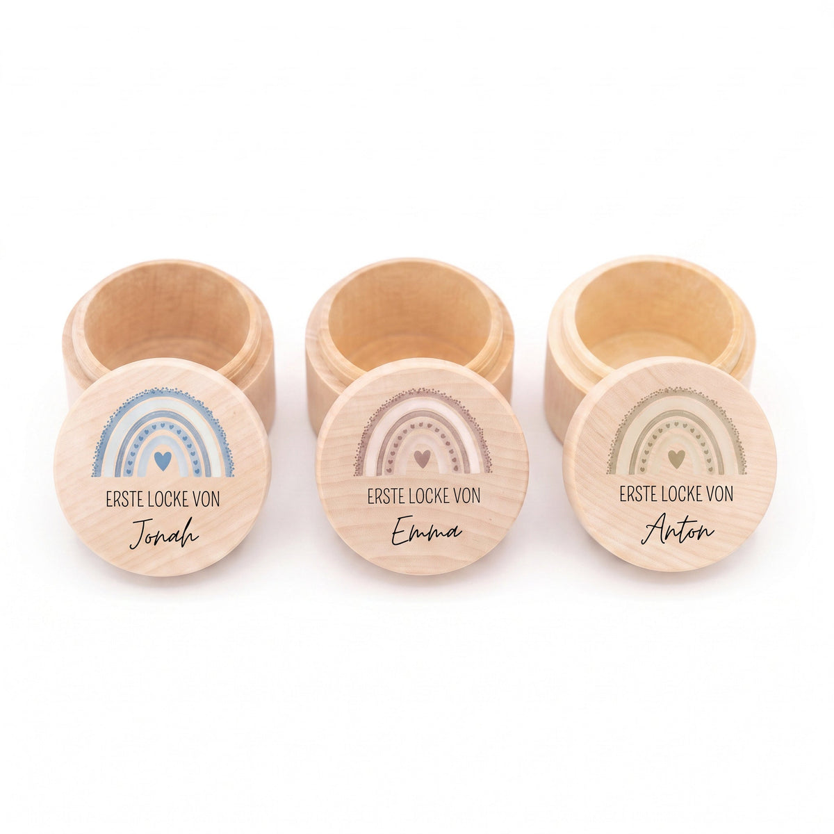 Lockendose Holz personalisiert - Regenbogen Punkte Aquarell - wunderwunsch