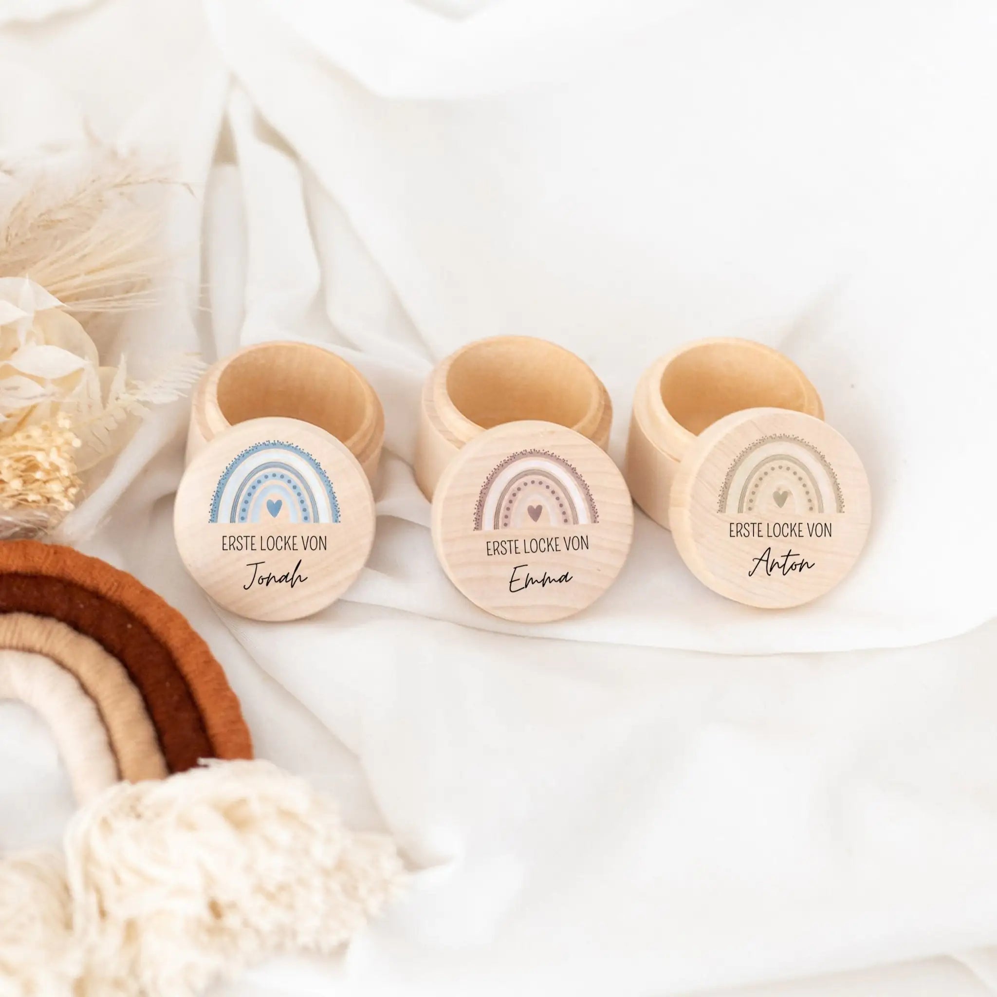 Lockendose Holz personalisiert - Regenbogen Punkte Aquarell - wunderwunsch