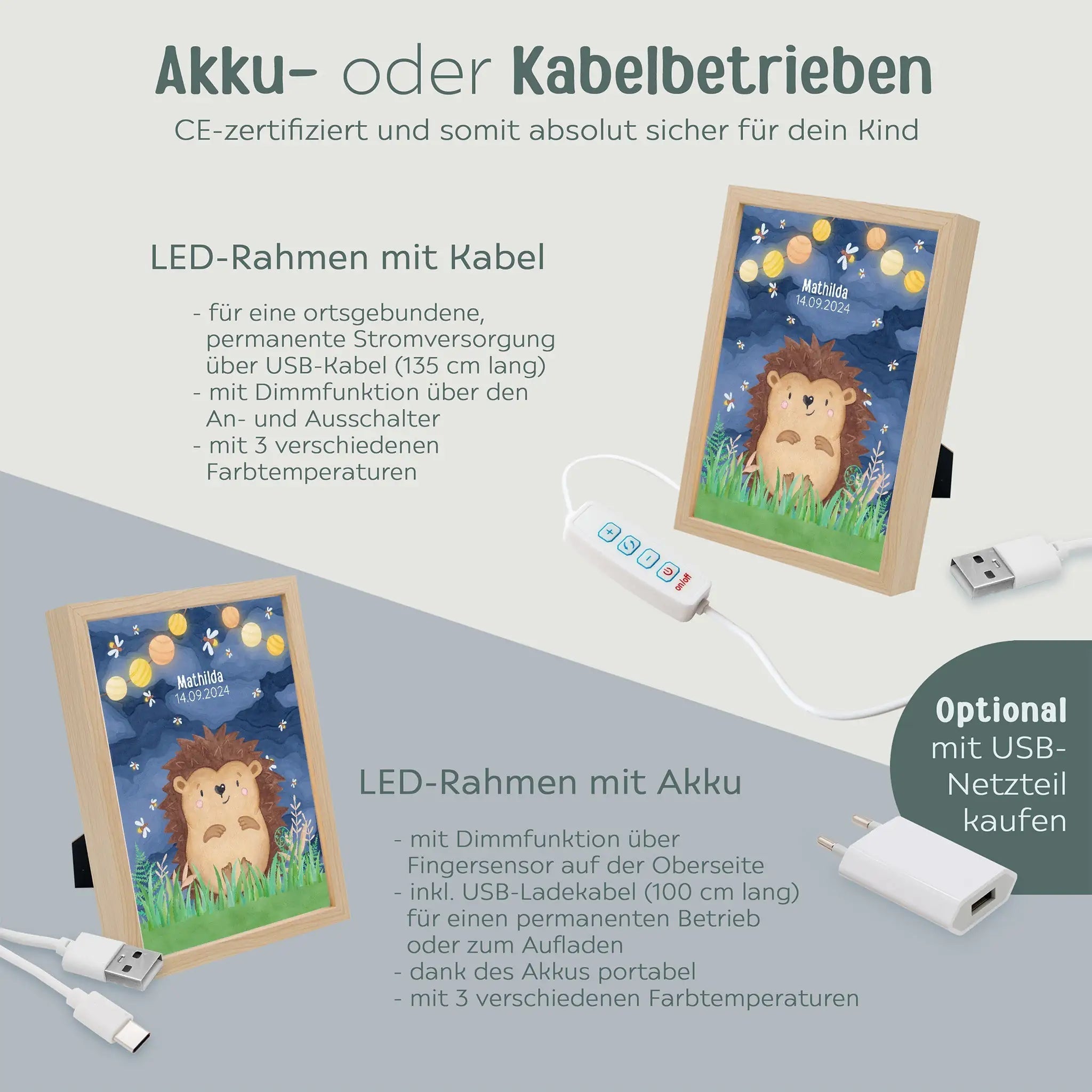 Magischer LED Bilderrahmen - Igel Glühwürmchen - wunderwunsch