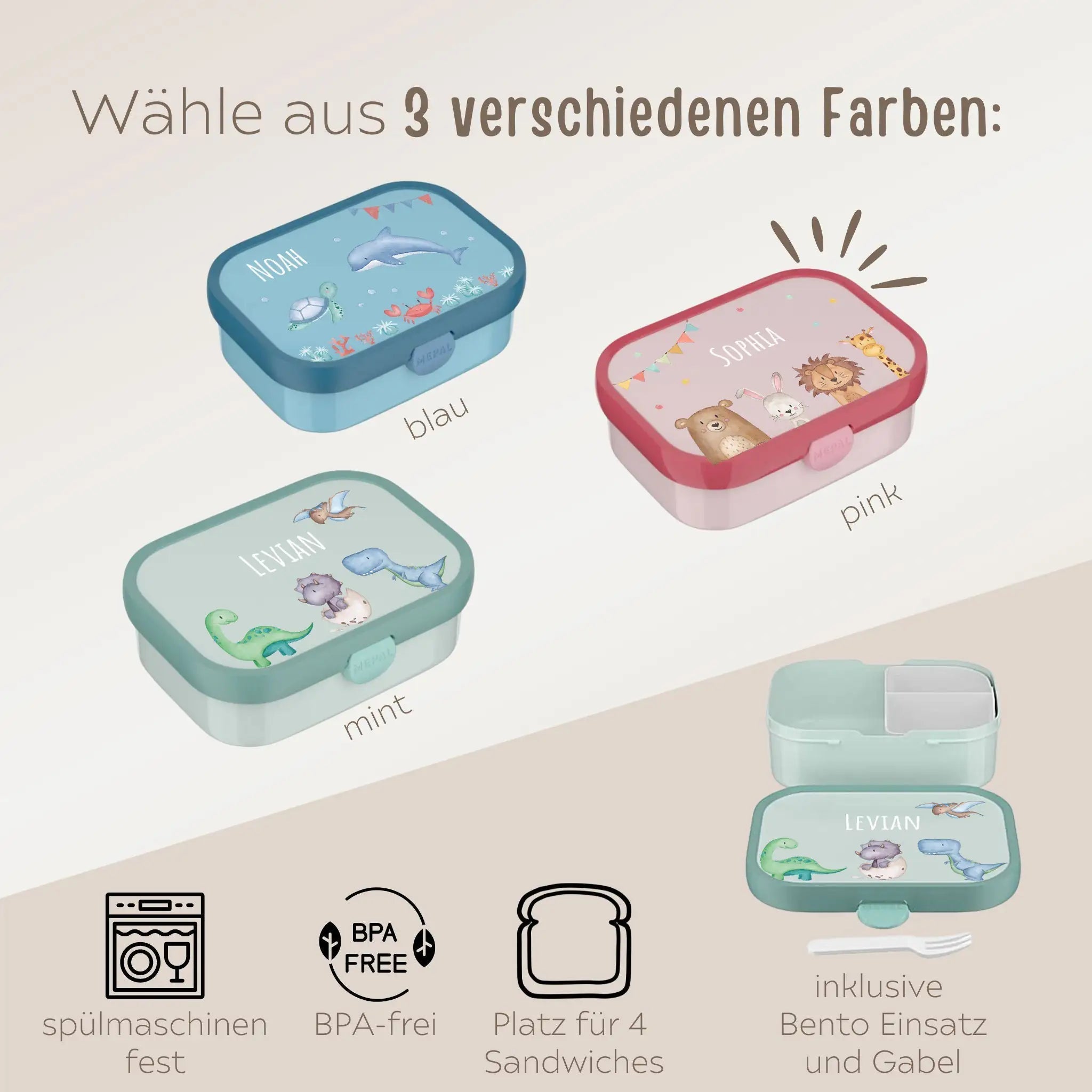 MEPAL Brotdose Campus personalisiert mit Bento Einsatz - Tier Szenario - wunderwunsch