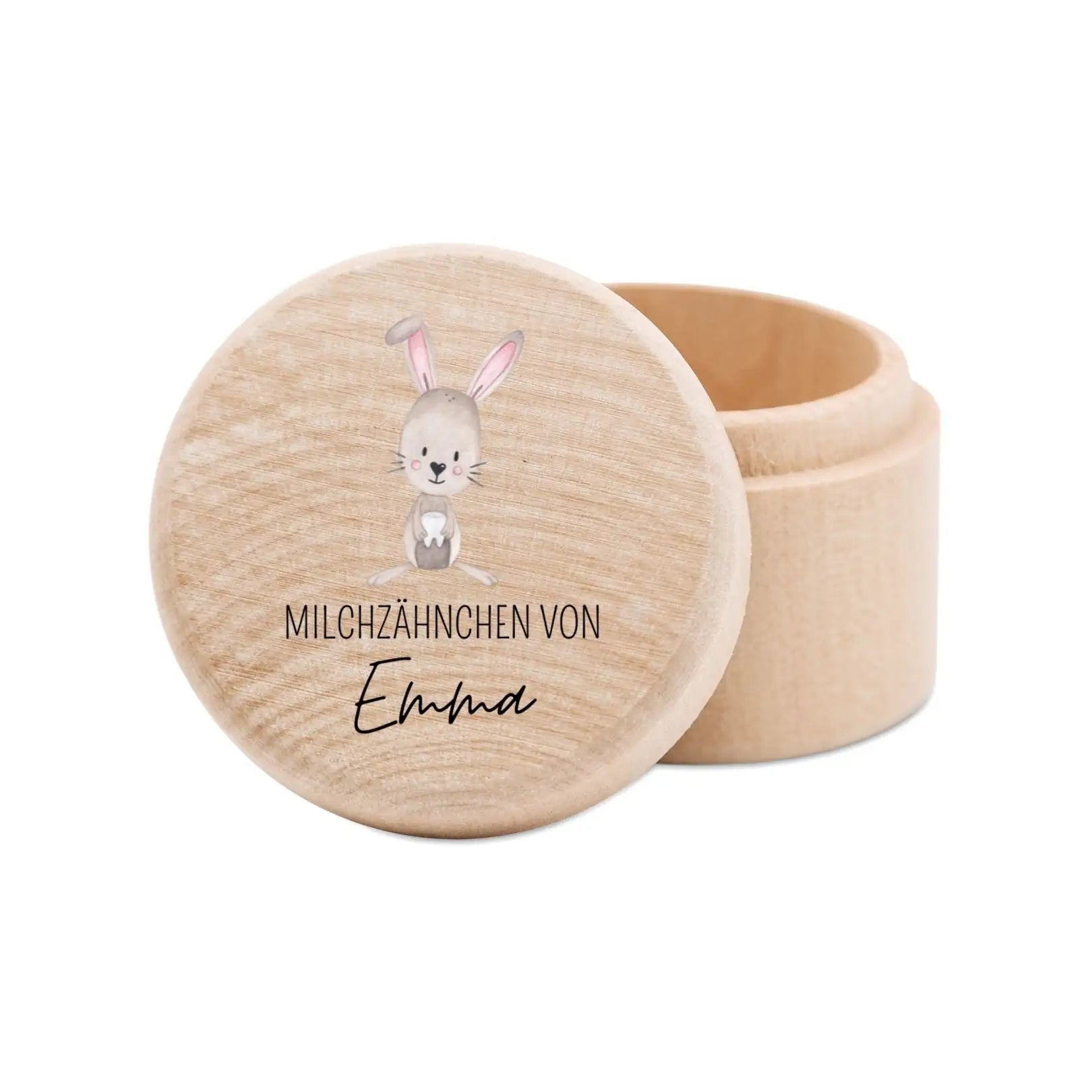 Milchzahndose Holz personalisiert - Hase mit Zahn Aquarell - wunderwunsch