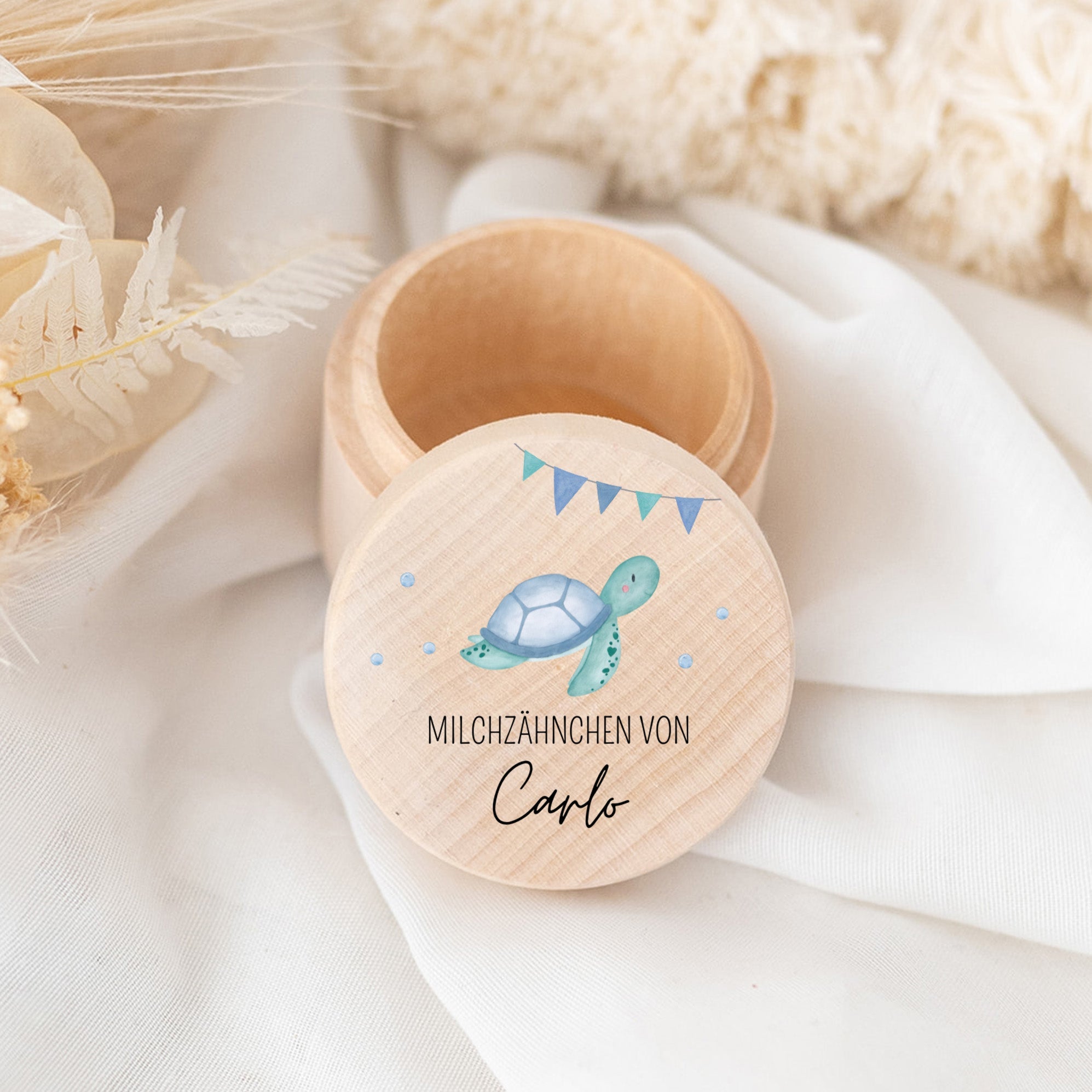 Milchzahndose Holz personalisiert - Meerestiere Aquarell - wunderwunsch