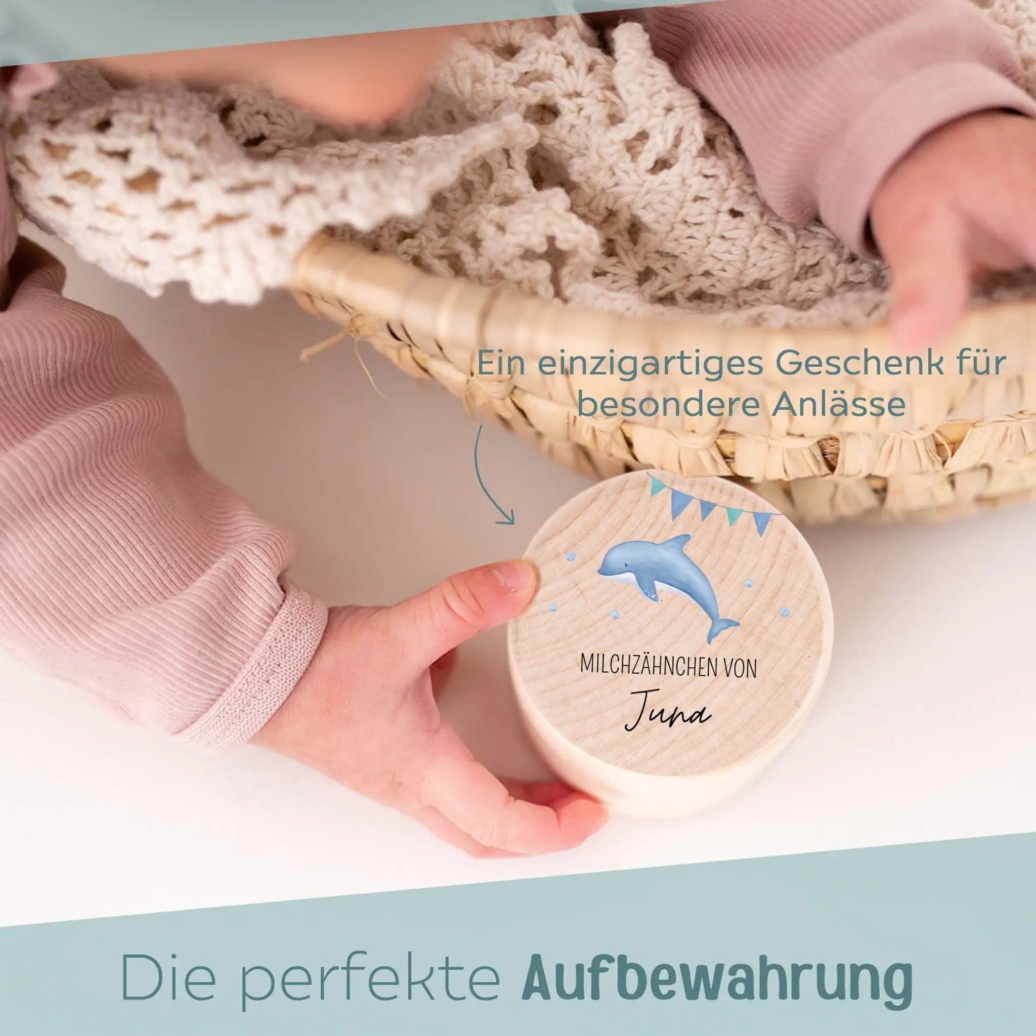 Milchzahndose Holz personalisiert - Meerestiere Aquarell - wunderwunsch
