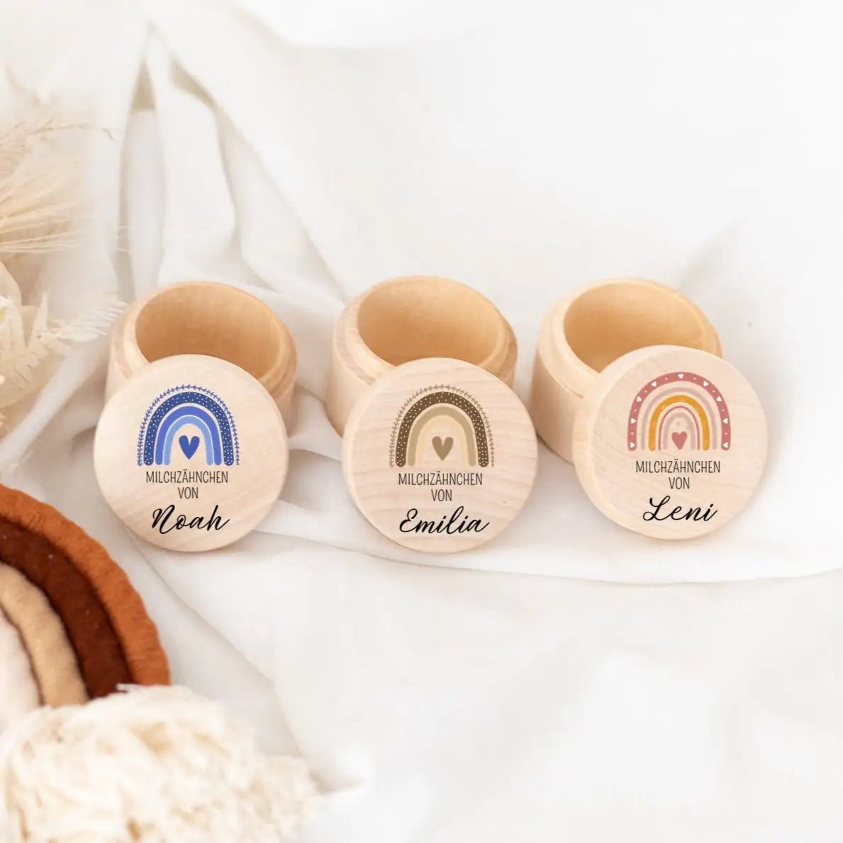 Milchzahndose Holz personalisiert - Regenbogen Boho Aquarell - wunderwunsch
