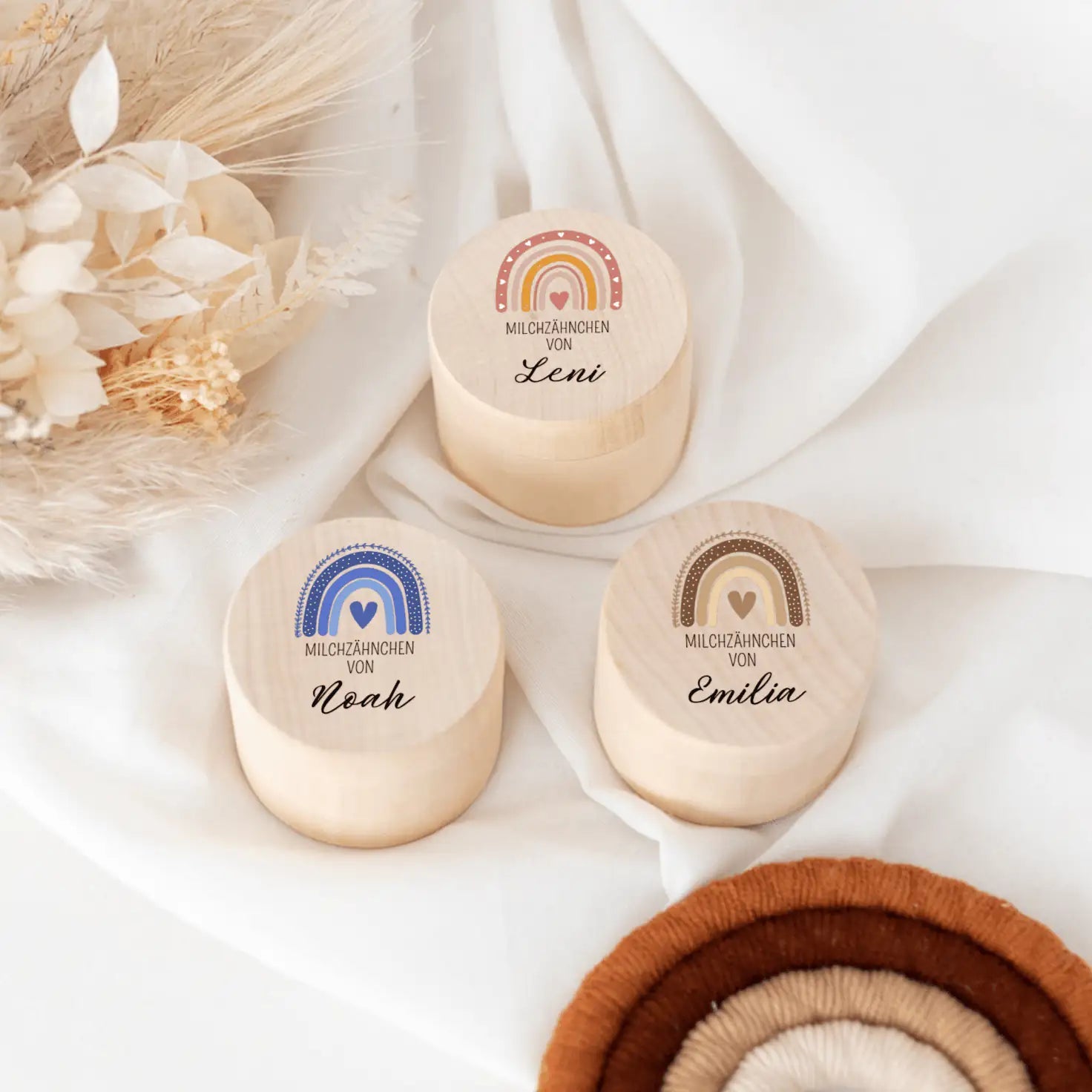 Milchzahndose Holz personalisiert - Regenbogen Boho Aquarell - wunderwunsch