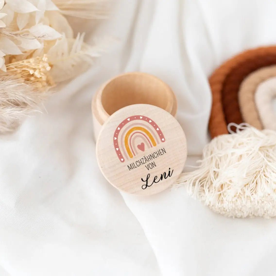 Milchzahndose Holz personalisiert - Regenbogen Boho Aquarell - wunderwunsch