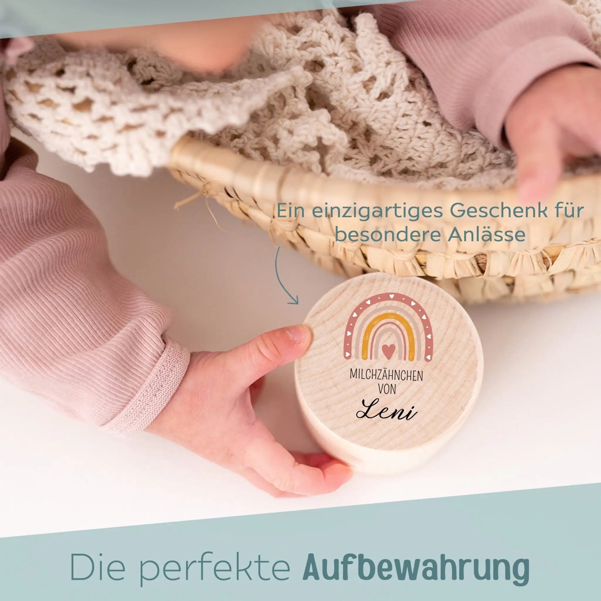 Milchzahndose Holz personalisiert - Regenbogen Boho Aquarell - wunderwunsch