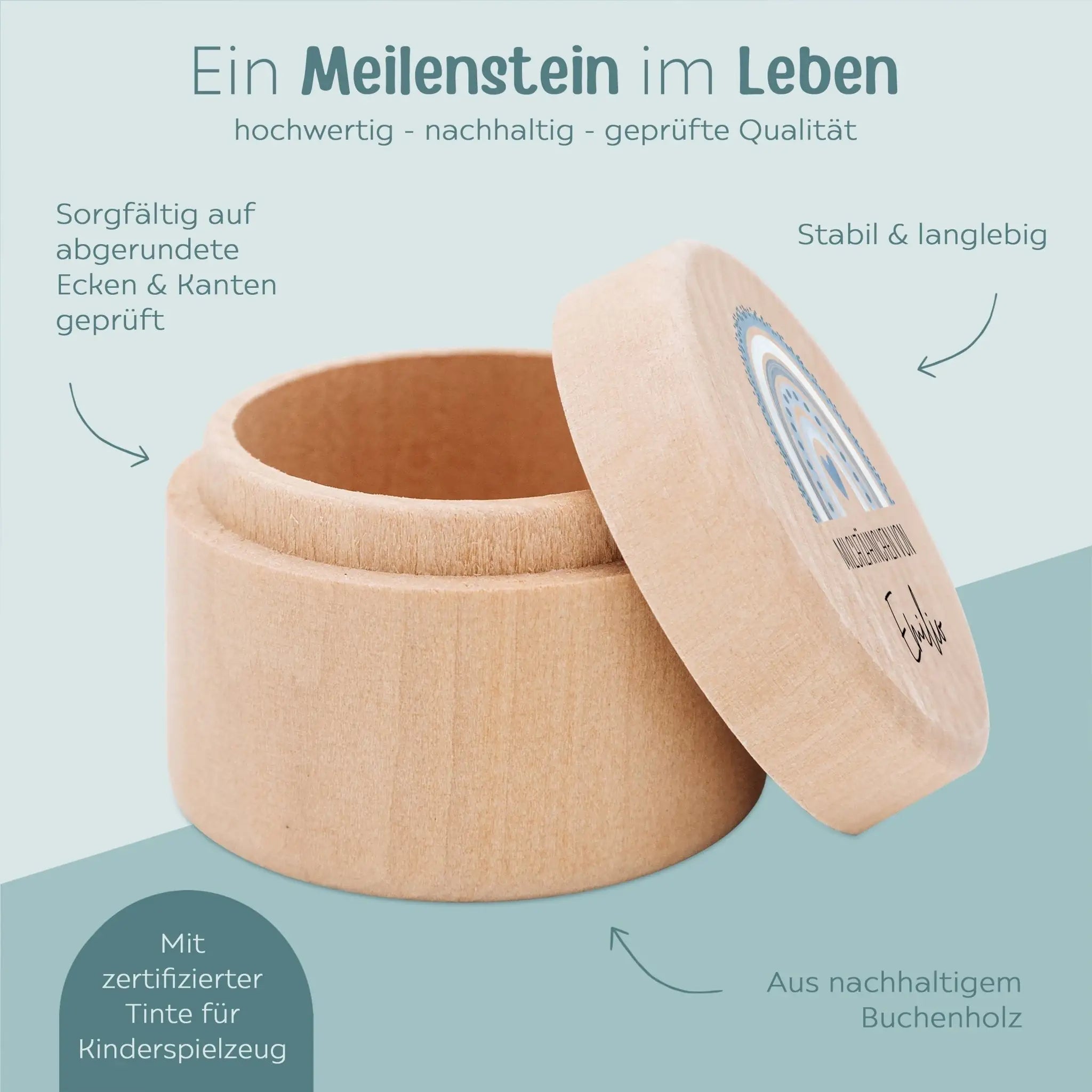 Milchzahndose Holz personalisiert - Regenbogen Punkte Aquarell - wunderwunsch