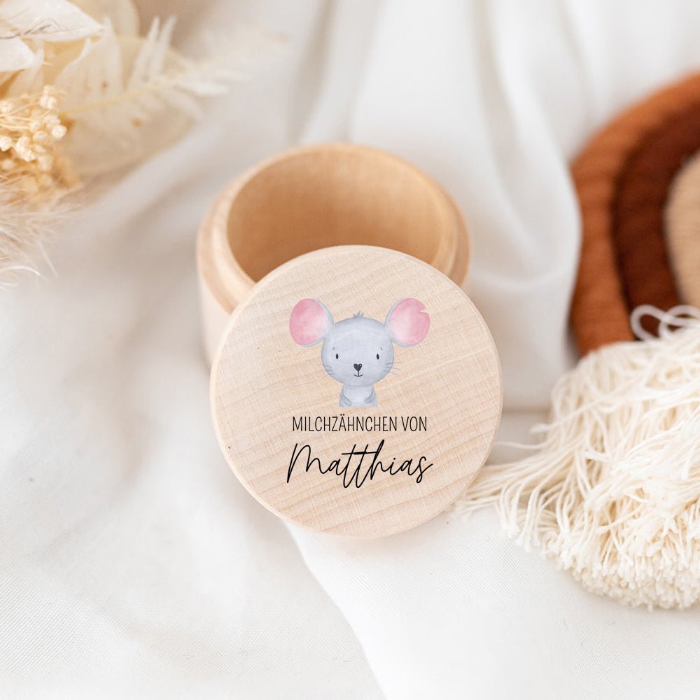 Milchzahndose Holz personalisiert - Tier Aquarell - wunderwunsch