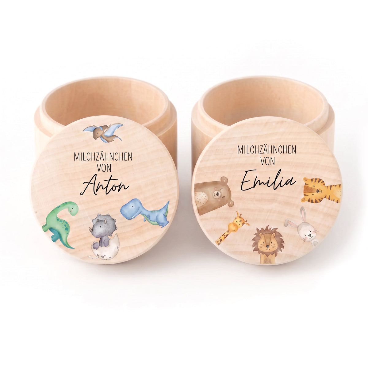 Milchzahndose Holz personalisiert - Tiere und Dinos Aquarell - wunderwunsch