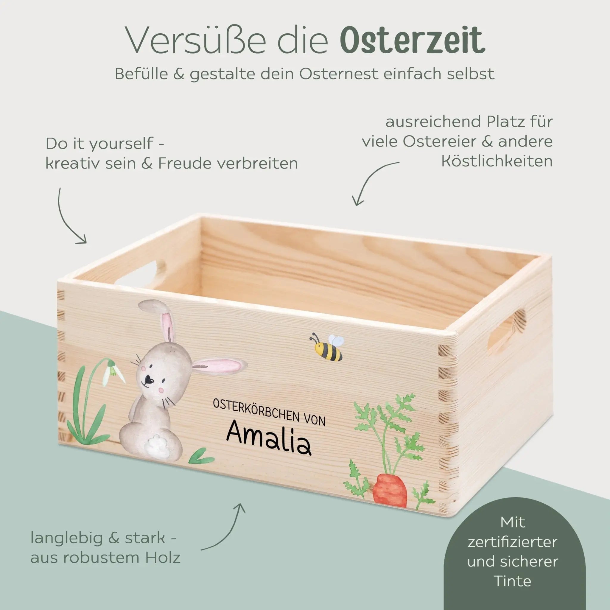 Osterkiste Holz personalisiert Osterhase und Eiersuche Aquarell - wunderwunsch