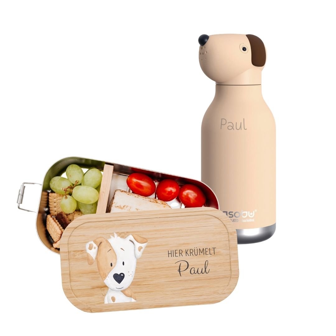 Pausen Bundle - Brotdose + ASOBU Bestie Tier Trinkflasche personalisiert - wunderwunsch