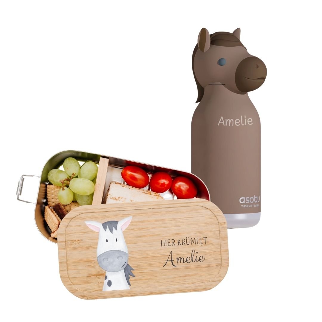 Pausen Bundle - Brotdose + ASOBU Bestie Tier Trinkflasche personalisiert - wunderwunsch