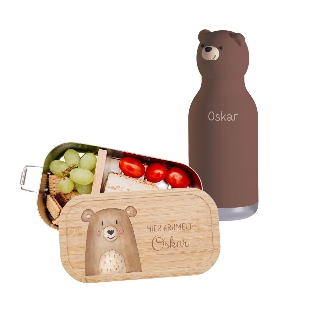 Pausen Bundle - Brotdose + ASOBU Bestie Tier Trinkflasche personalisiert - wunderwunsch