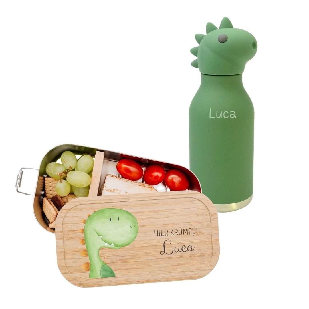 Pausen Bundle - Brotdose + ASOBU Bestie Tier Trinkflasche personalisiert - wunderwunsch