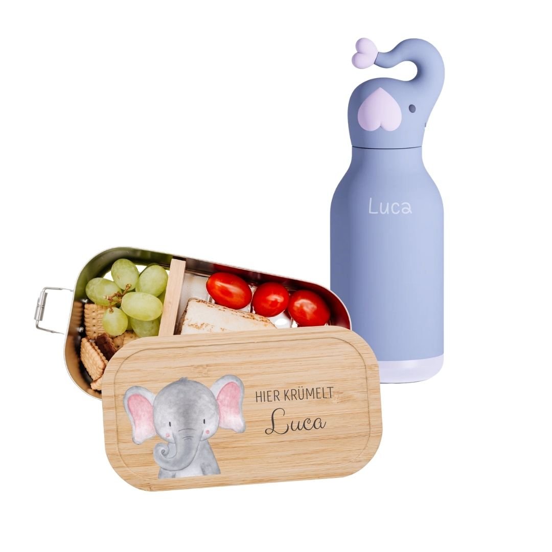 Pausen Bundle - Brotdose + ASOBU Bestie Tier Trinkflasche personalisiert - wunderwunsch