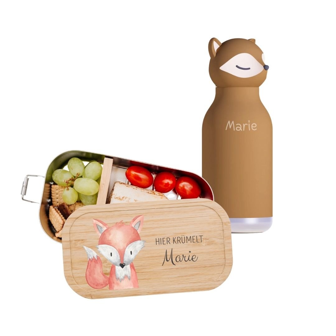 Pausen Bundle - Brotdose + ASOBU Bestie Tier Trinkflasche personalisiert - wunderwunsch
