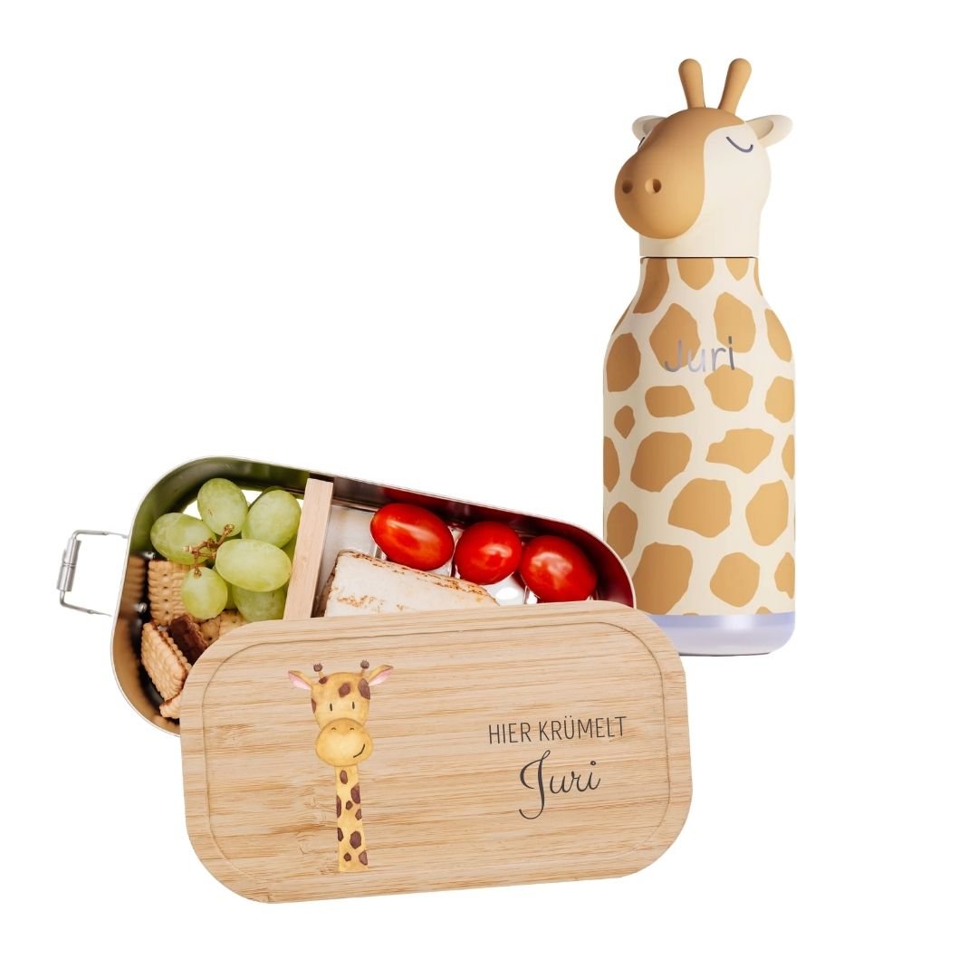 Pausen Bundle - Brotdose + ASOBU Bestie Tier Trinkflasche personalisiert - wunderwunsch