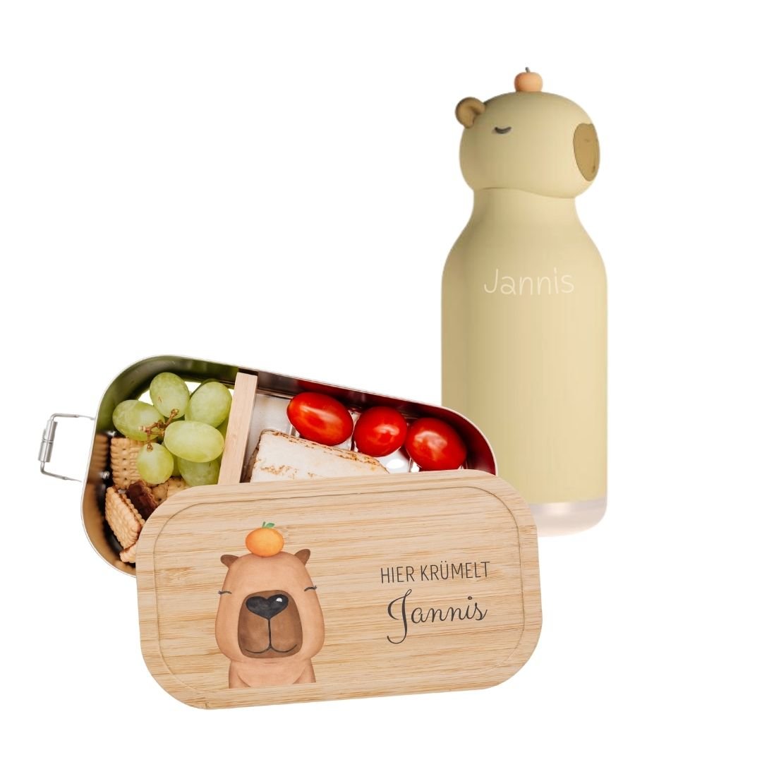 Pausen Bundle - Brotdose + ASOBU Bestie Tier Trinkflasche personalisiert - wunderwunsch