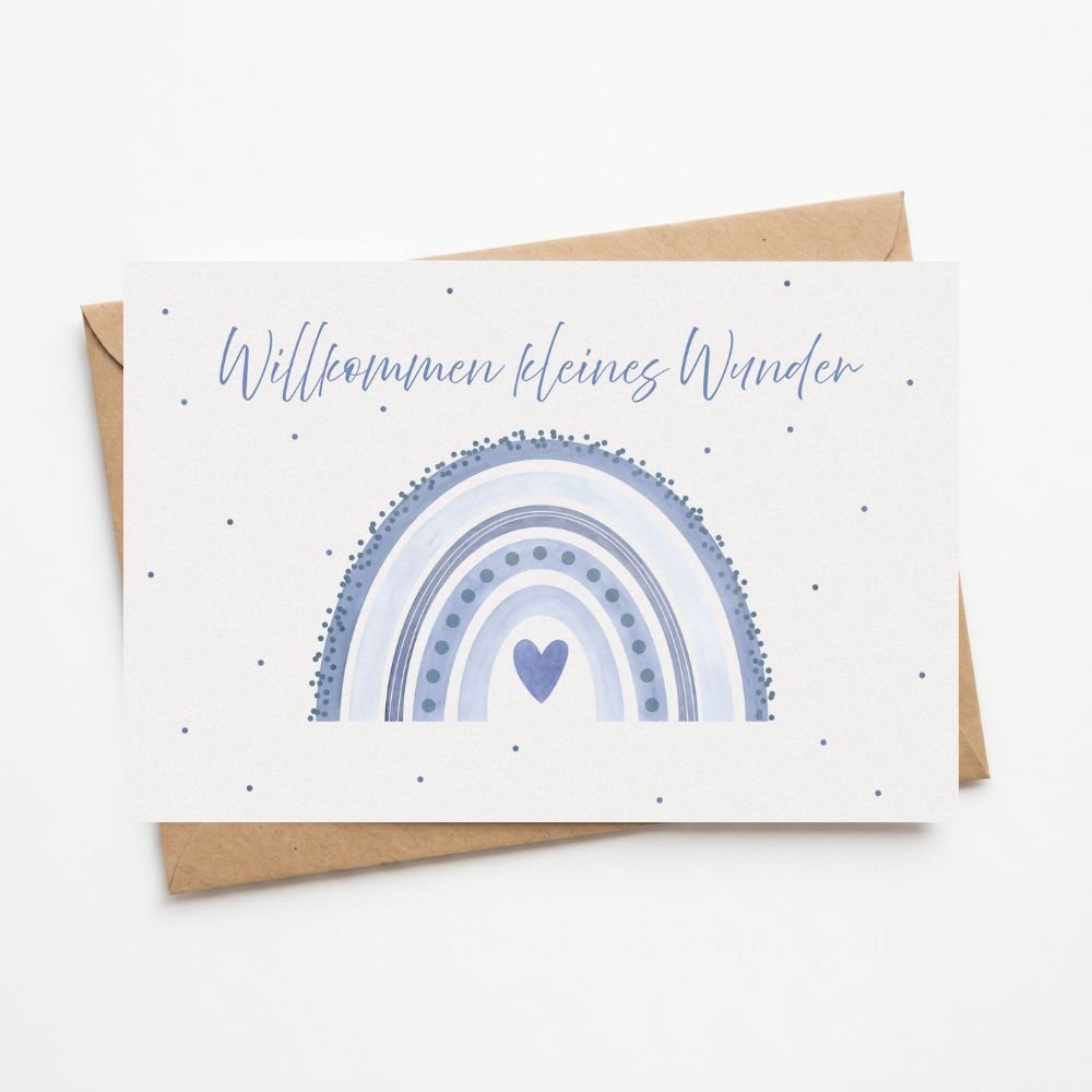Postkarte "Regenbogen blau" zur Geburt - wunderwunsch