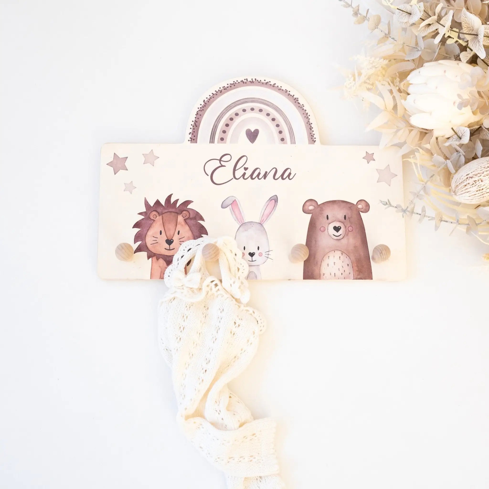 Regenbogen Kindergarderobe personalisiert - Tiere Regenbogen Aquarell - wunderwunsch