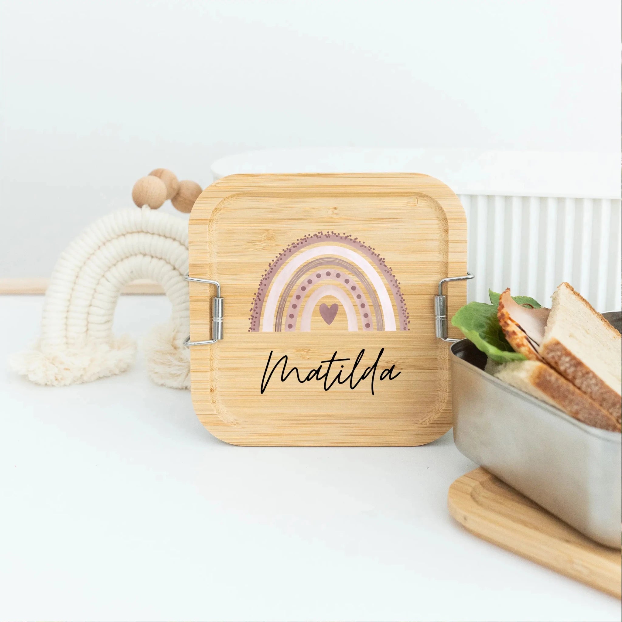 Sandwichbox Quadratische Brotdose Edelstahl personalisiert - Regenbogen Aquarell - wunderwunsch