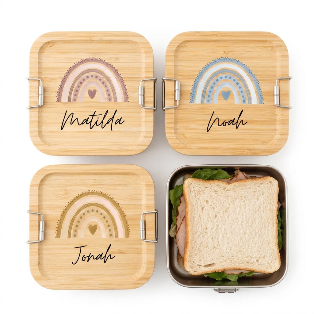 Sandwichbox Quadratische Brotdose Edelstahl personalisiert - Regenbogen Aquarell - wunderwunsch