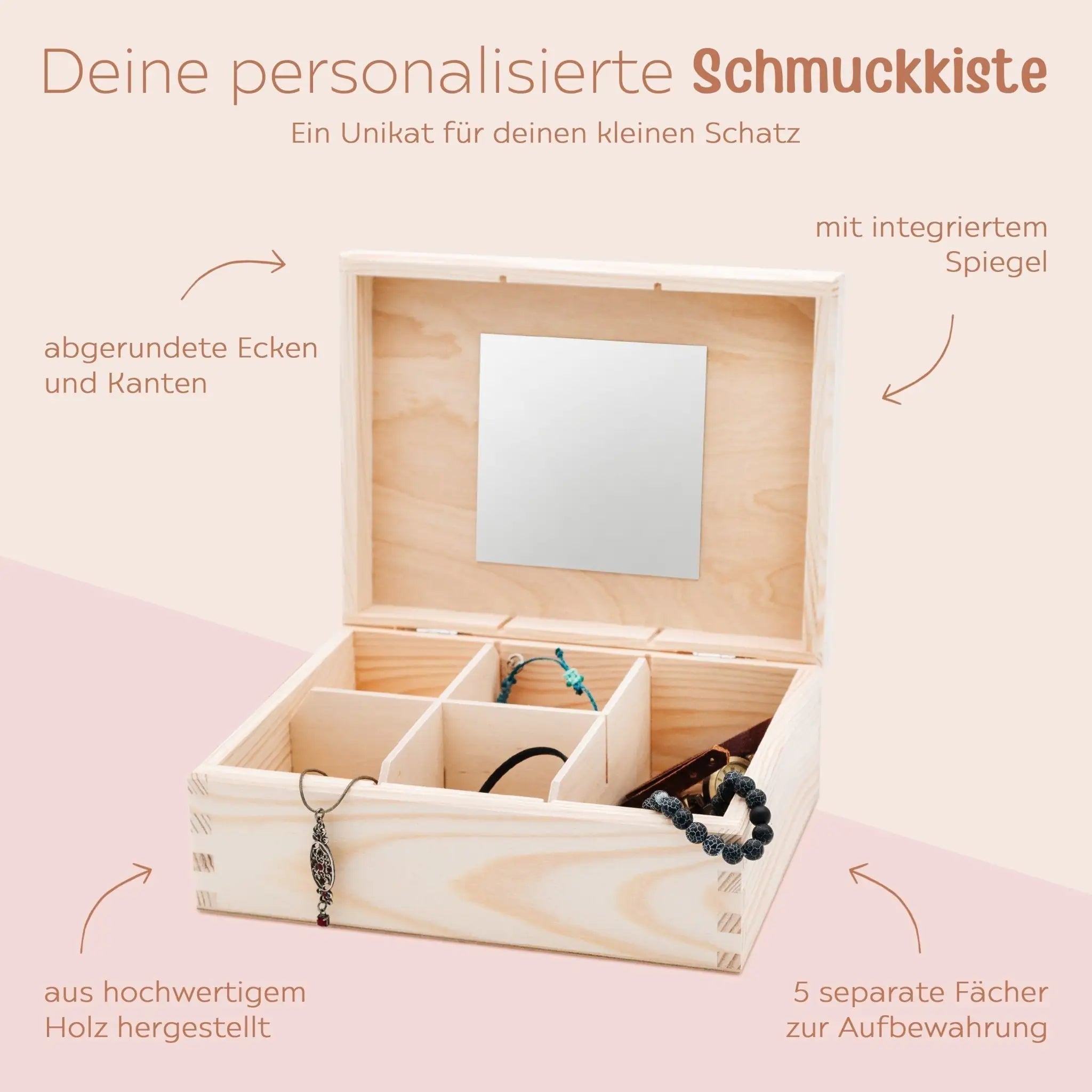 Schmuckkiste mit Spiegel aus Holz - Blumenkranz Aquarell - wunderwunsch