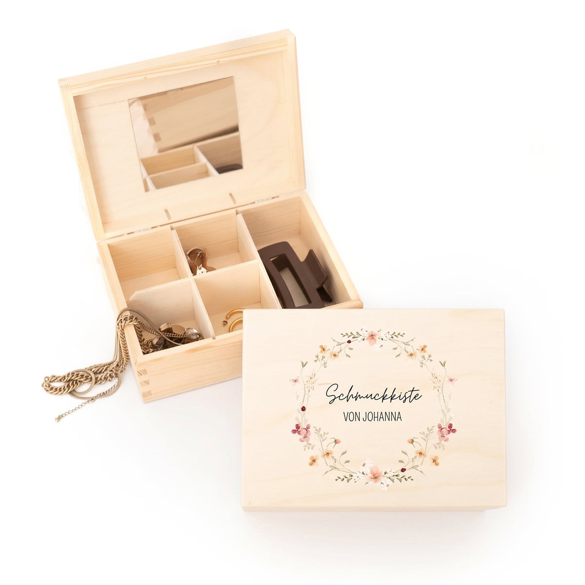 Schmuckkiste mit Spiegel aus Holz - Blumenkranz Aquarell - wunderwunsch