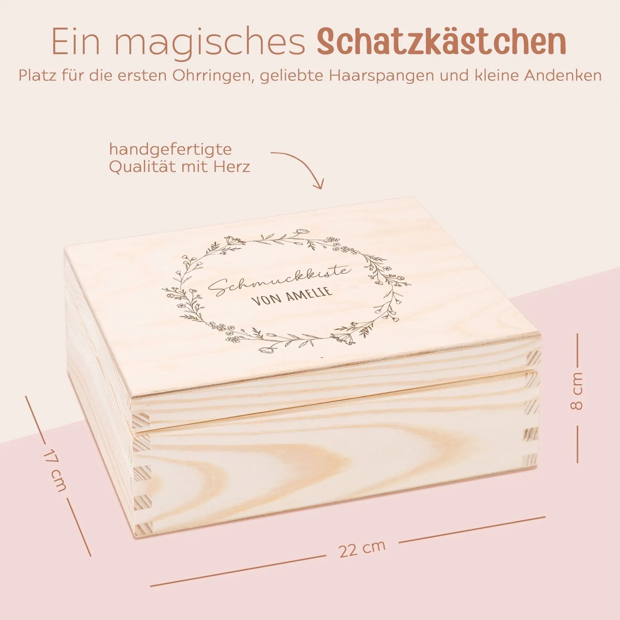 Schmuckkiste mit Spiegel aus Holz - Blumenkranz Gravur - wunderwunsch