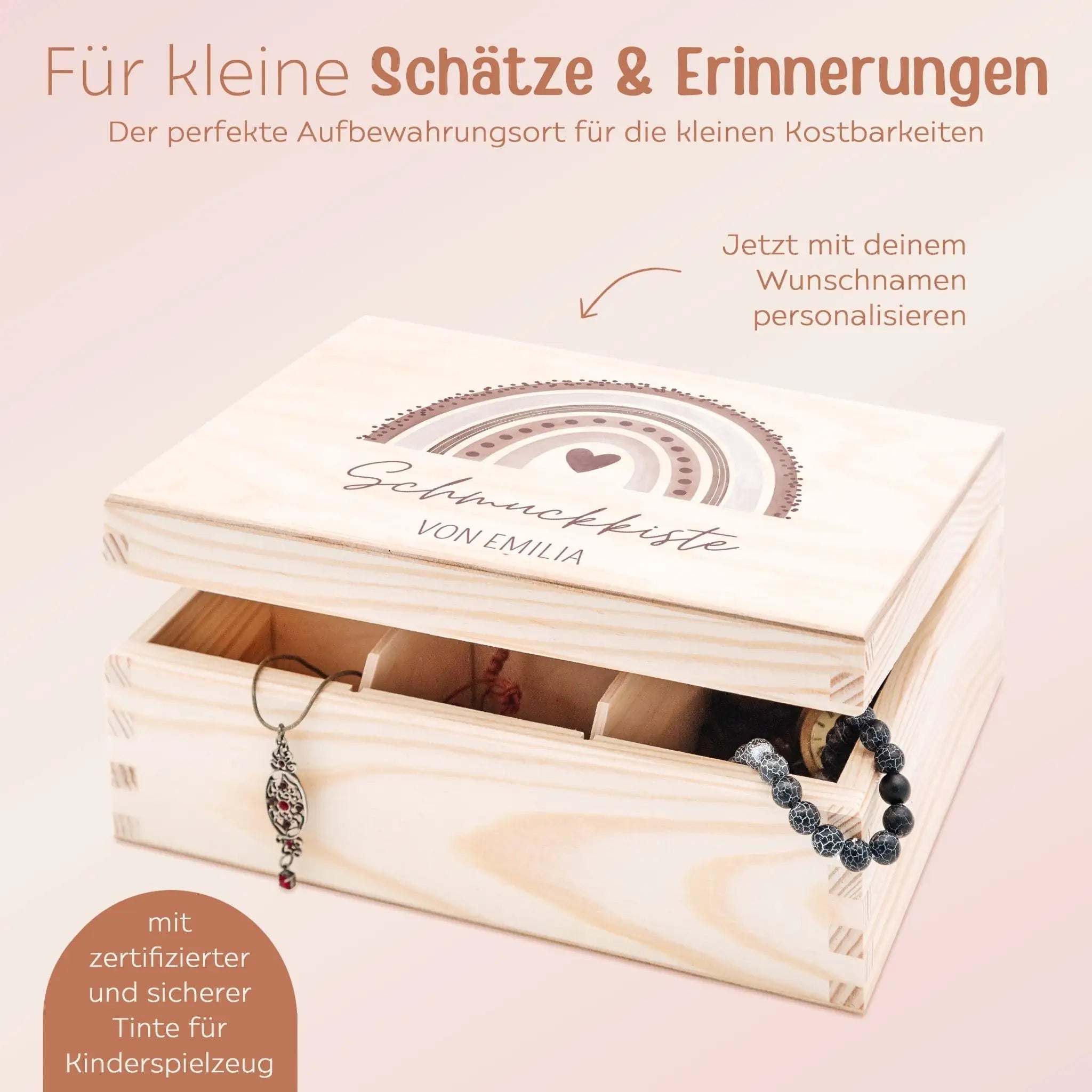 Schmuckkiste mit Spiegel aus Holz - Regenbogen Aquarell - wunderwunsch
