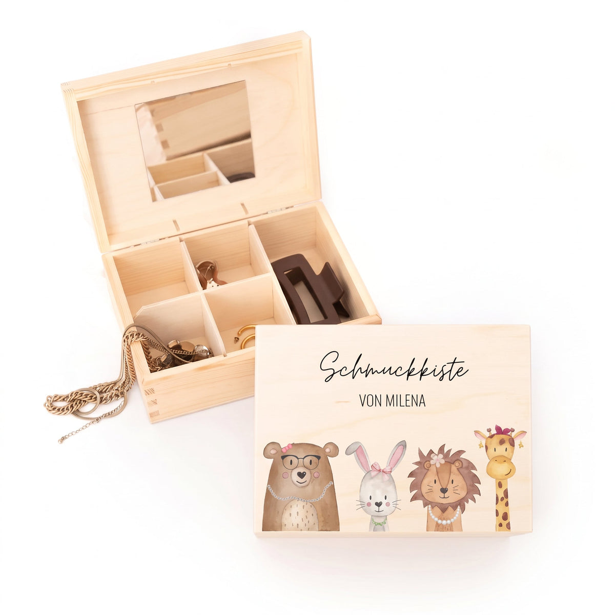 Schmuckkiste mit Spiegel aus Holz - Tiere mit Schmuck Aquarell - wunderwunsch
