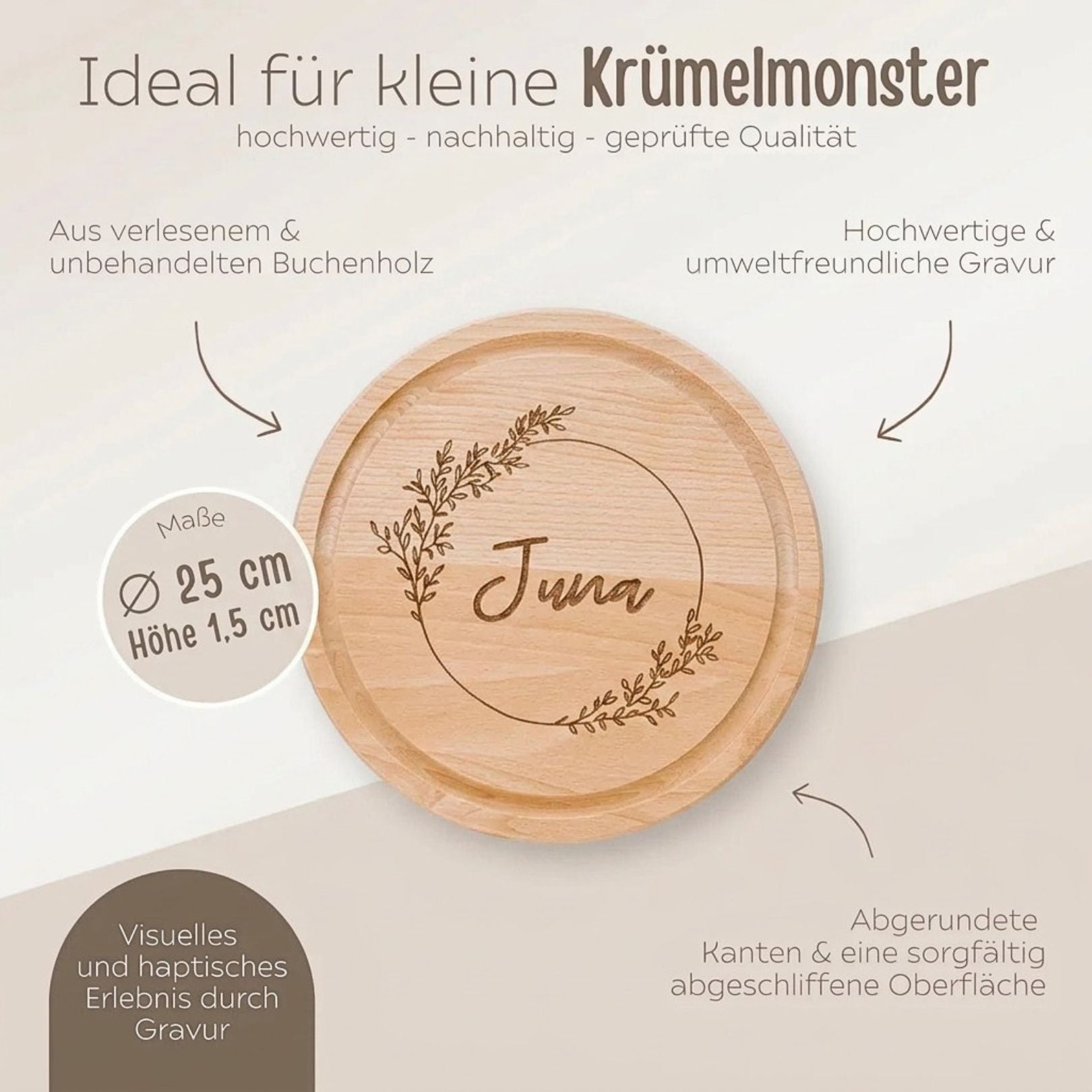 Schneidebrett Holz rund personalisiert - Blumenkranz Gravur - wunderwunsch
