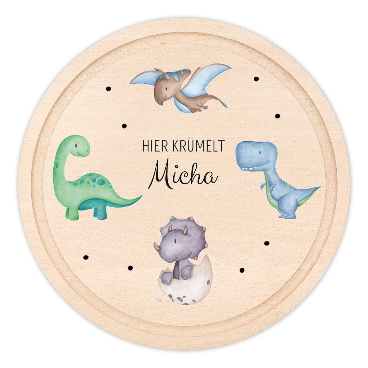 Schneidebrett Holz rund personalisiert - Dinosaurier Punkte Aquarell - wunderwunsch