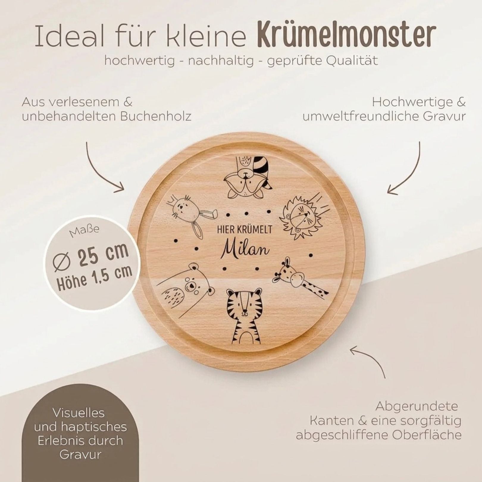 Schneidebrett Holz rund personalisiert - Tiere Kreis Gravur - wunderwunsch