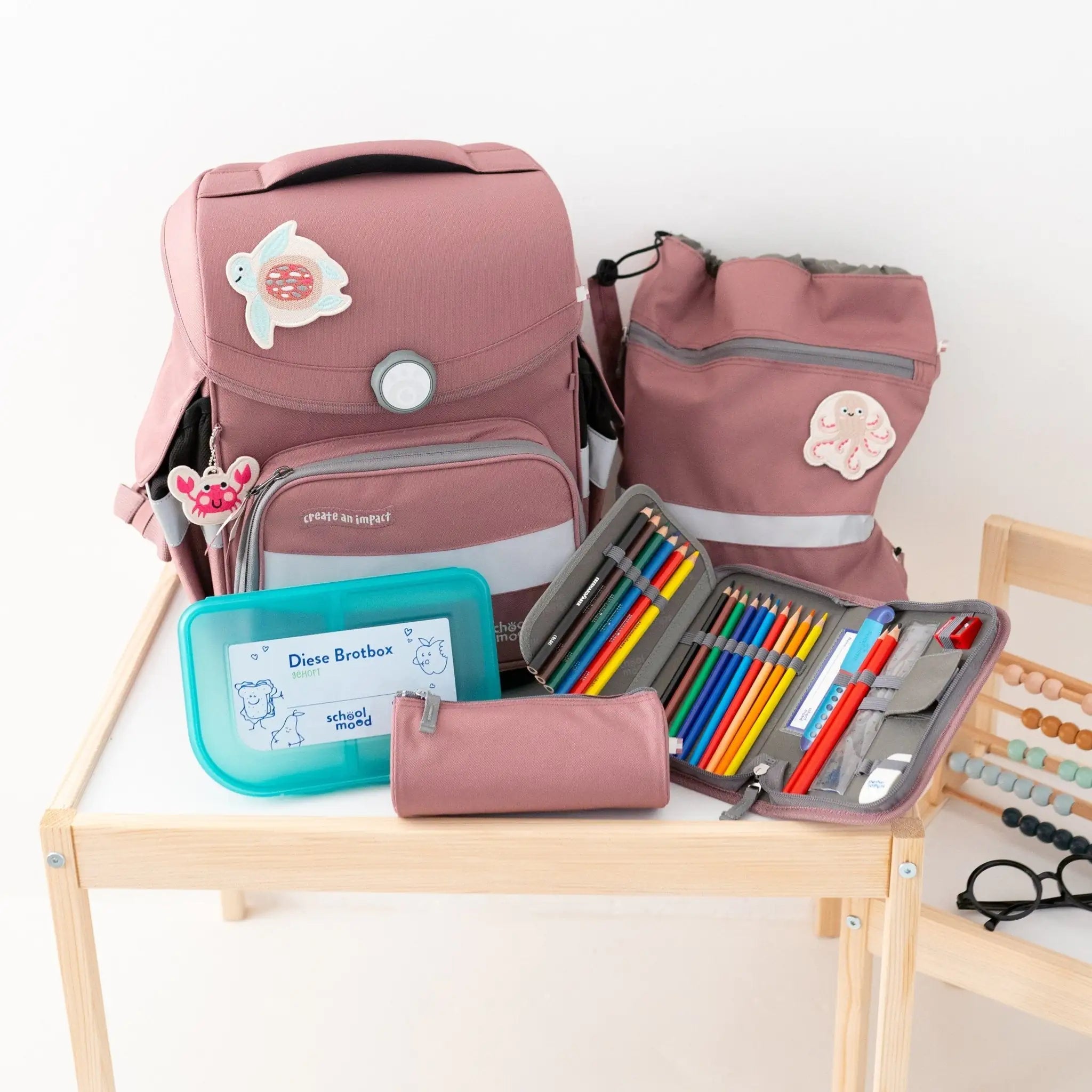 SCHOOL MOOD Schulranzen Set Ocean - Rosa - wunderwunsch