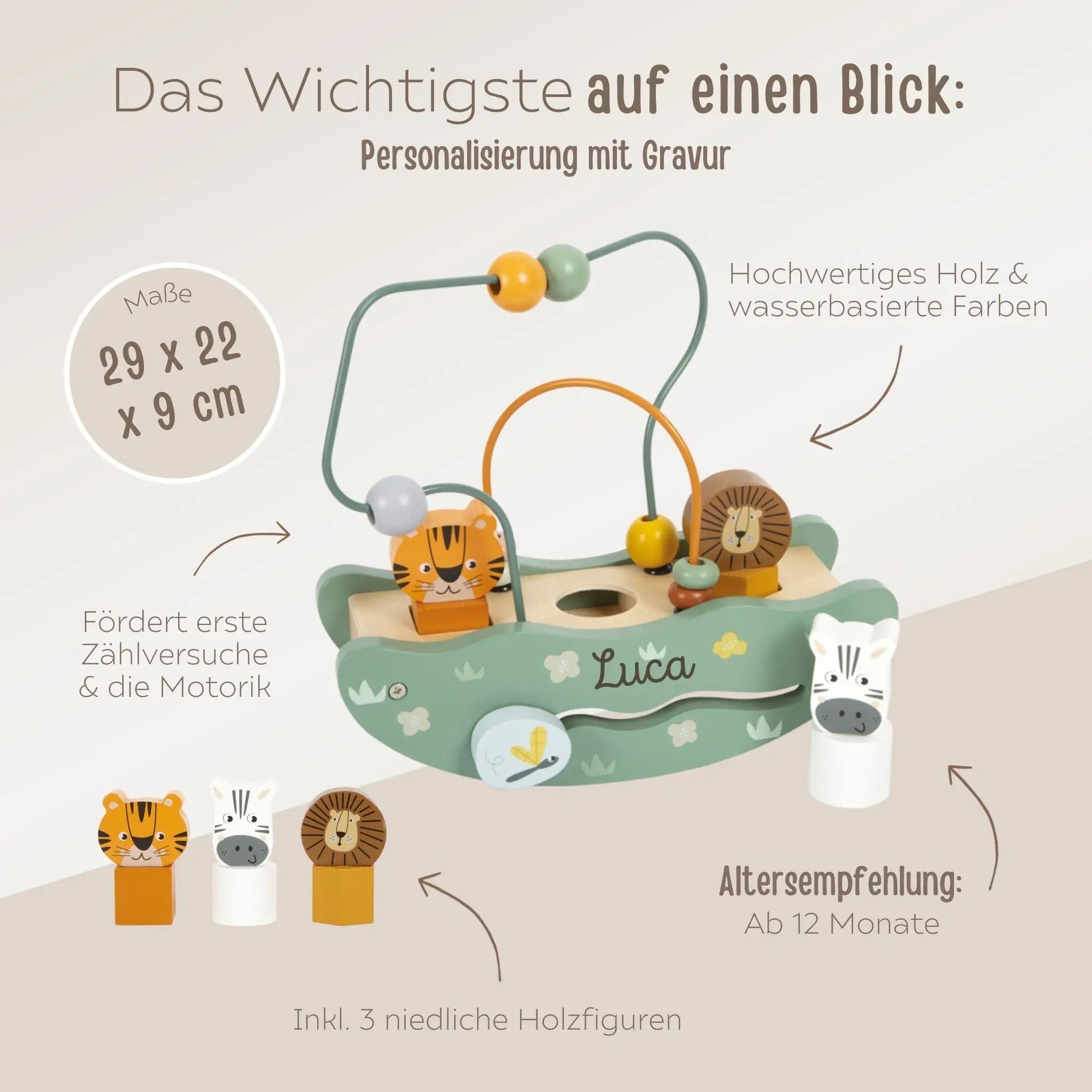 SMALL FOOT Motorikschleife Wippe "Safari Tiere" personalisierbar - wunderwunsch